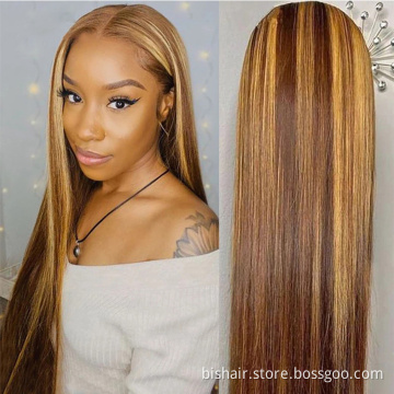 Wholesale 4/27 Highlight Straight Wig With 4x4 Lace Front Brazilian Human Hair Wigs Honey Blonde 150 Density Ombre Remy Wigs